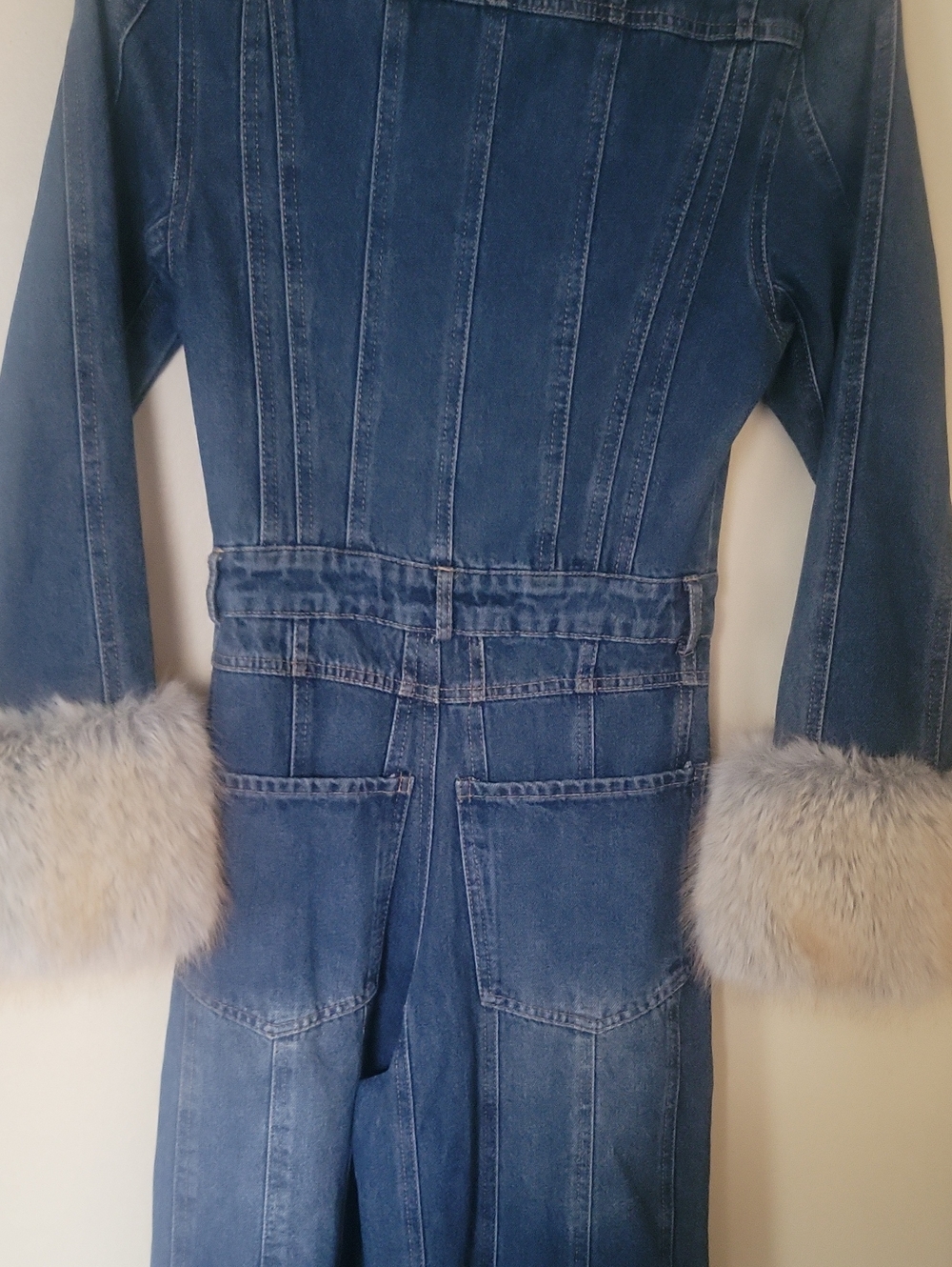 AKIRA Denim Wide-Leg Jumpsuit with Fur Trim - Dark Blue - Picture 11 of 12